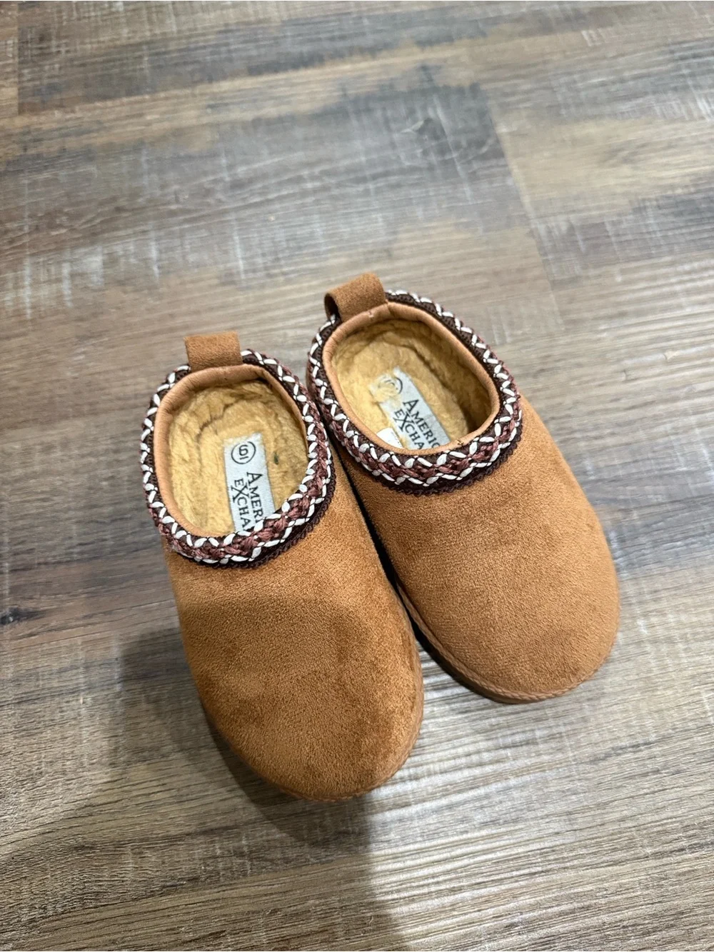 American Exchange Kids Brown Slip-On Moccasin Slippers with Braided Trim